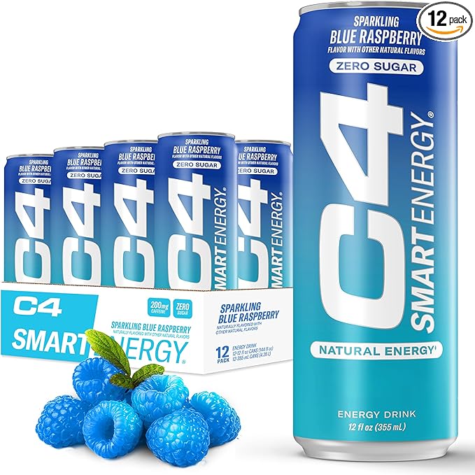 Cellucor C4 Smart Energy Drink ‚ Boost Focus and Energy with Zero Sugar, Natural Energy, and Nootropics - 200mg Caffeine - Blue Raspberry (12oz Pack of 12)
