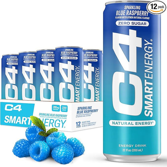 Cellucor C4 Smart Energy Drink ‚ Boost Focus and Energy with Zero Sugar, Natural Energy, and Nootropics - 200mg Caffeine - Blue Raspberry (12oz Pack of 12)