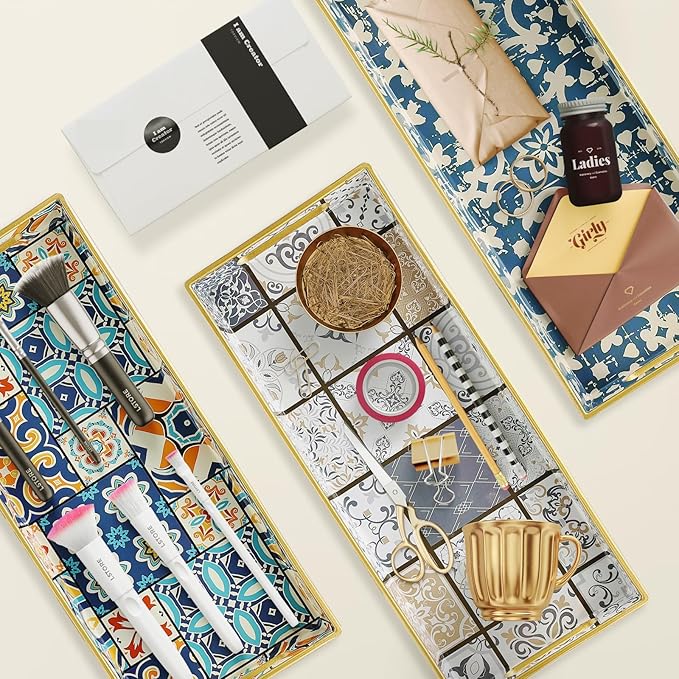 Bathroom Vanity Tray for Countertop, Small Plastic Toilet Tank Tray Versatile Storage & Organization Tray for Makeup, Perfume, Desk, Kitchen, Candles, 13.7"x6"x1.4", 35Boho1