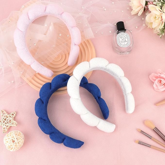 3 Pack Spa Headbands for Washing Face, Skincare & Makeup, Terry Cloth Headbands with Puffy Cloud Design, One Size Fits Most, Comfortable & Durable