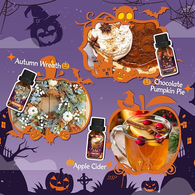 Halloween Essential Oil Set, SNOWSEN Fall Fragrance Oils for Diffuser Oil Scents, Candle Making, Soap Making, Candy Corn, Chocolate Pumpkin Pie, Autumn Wreath, Apple Cider, Caramel Corn,Snickerdoodle