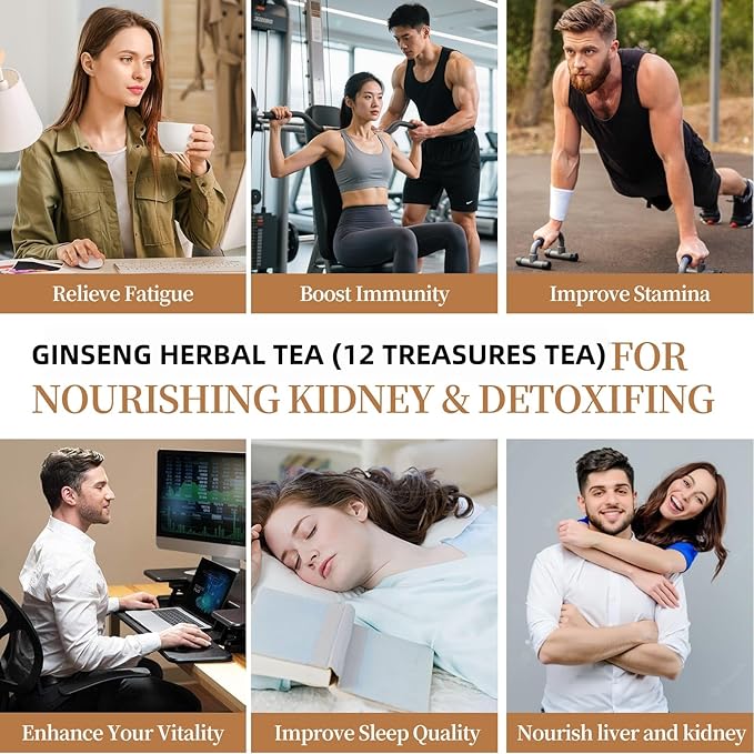 Premium Ginseng Tea - Natural Organic Kidney and Liver Detox Tea - 12 Herbal Blend with Goji Berry，Jujube, Longan, Mulberry & Maca - Caffeine & Sugar Free - 50 Individually Wrapped Pyramid Large Tea Bags (500g)