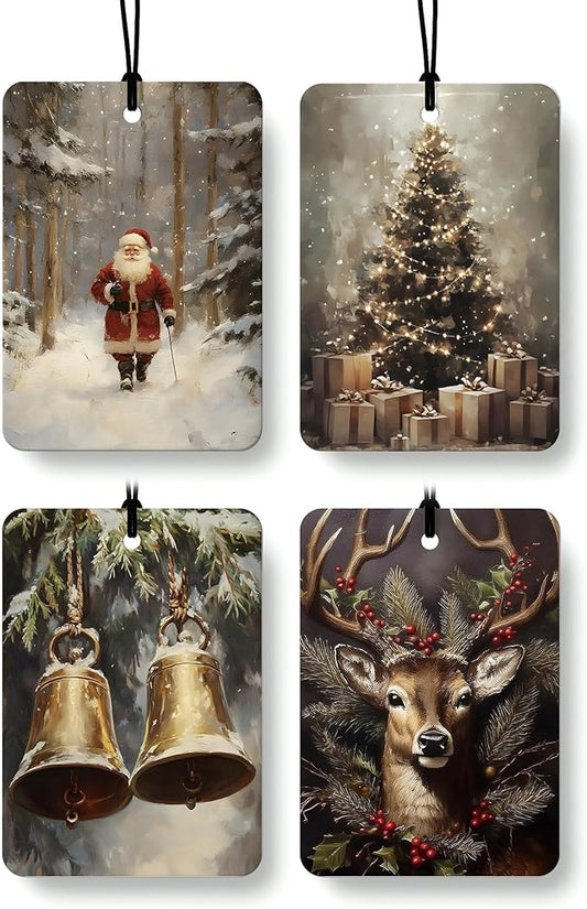 Rustic Winter Christmas Berry Car Air Freshener 4 Pcs, Retro Santa Xmas Tree Bell Reindeer Hanging Air Freshener for Cars Closet Drawer Books, Christmas Car Accessories Mirror Decor for Women