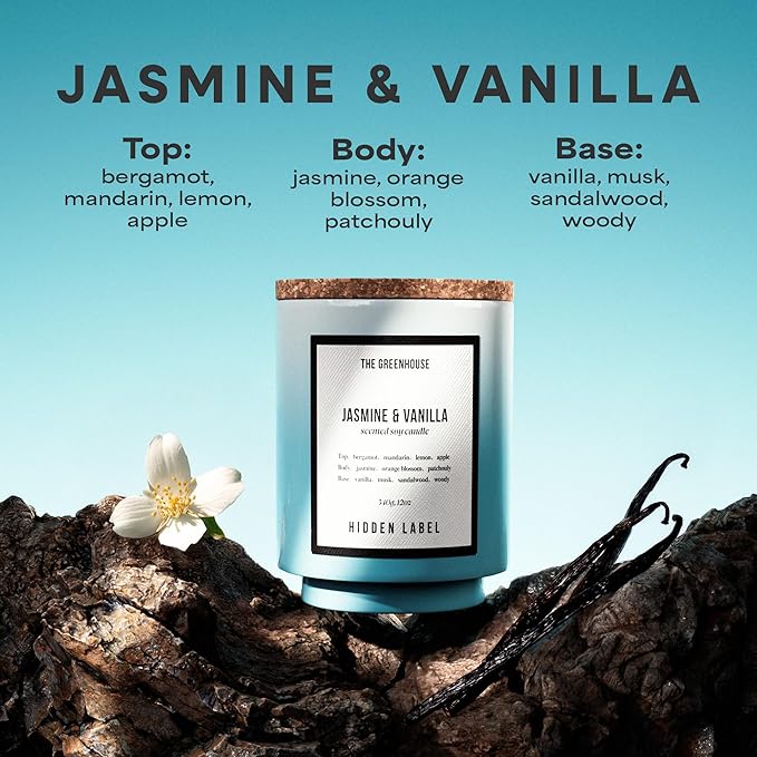 Hidden Label Jasmine & Vanilla Soy Candles, 12oz/75-Hour Burn Time, 100% Natural Soy Wax, Aromatherapy Candle for Stress Relief, Meditation, Yoga & Relaxation,Home Décor