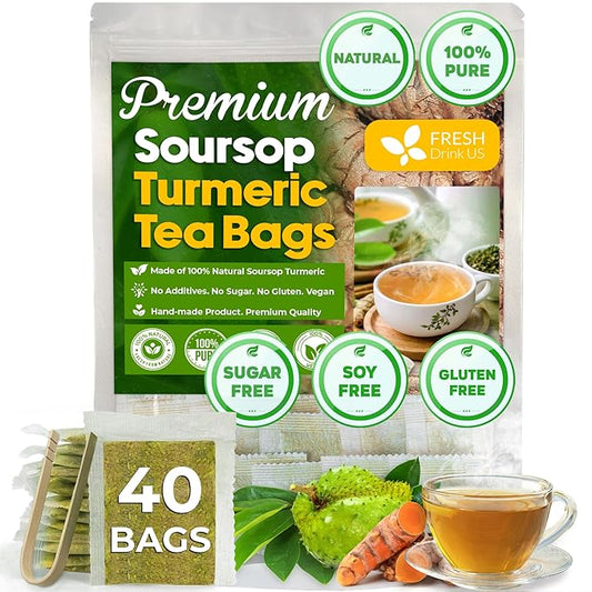 FreshDrinkUS, Premium 40 Soursop Turmeric Tea Bags, 100% Natural, Blend of Soursop Leaves, and Turmeric Root. Made with Natural Material Tea Bags. No Sugar, Vegan.