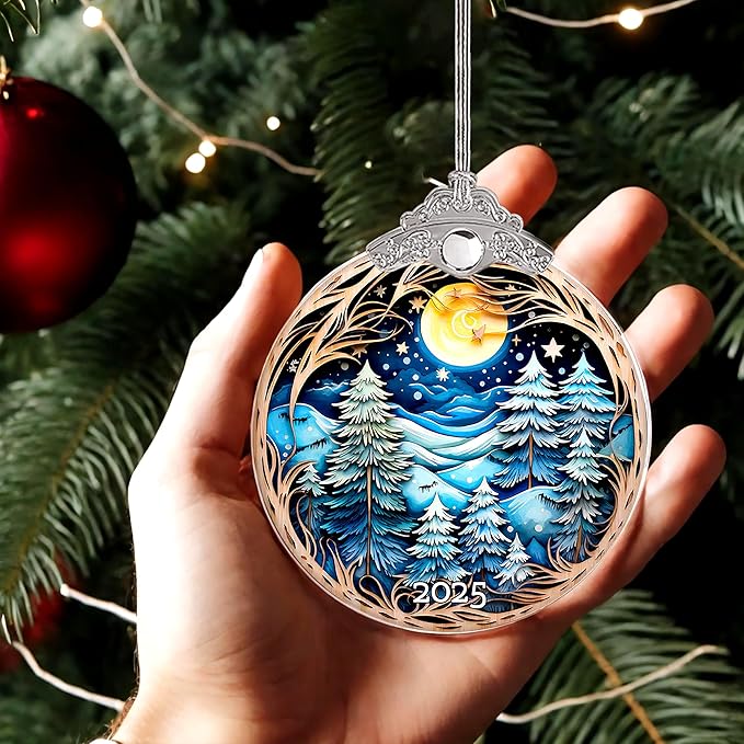 Christmas Ornaments, Winter Night Landscape 2025 Christmas Ornament, Large Acrylic Ornaments for Christmas Tree, White Elephant Gifts, Christmas Decor (Blue Forest)