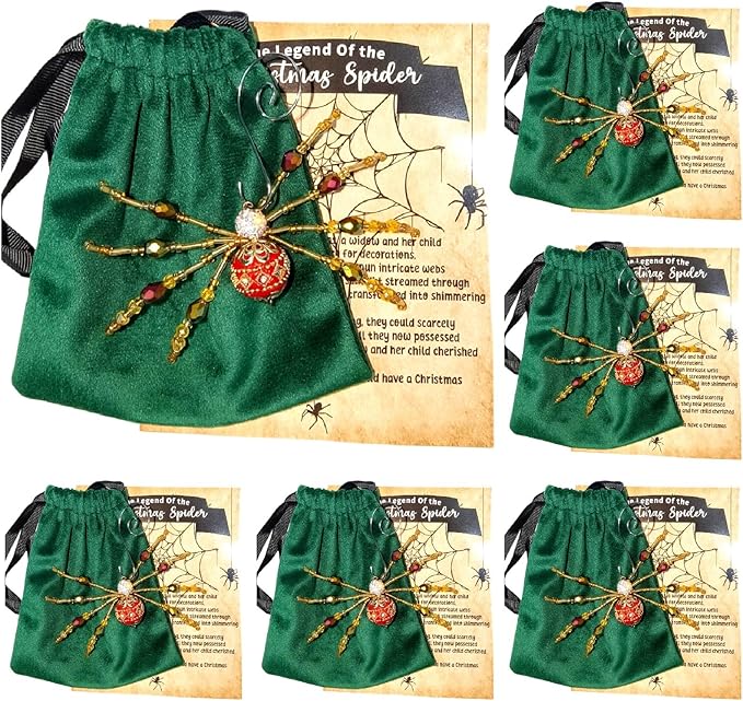 Cunno 6 Sets Legend of The Christmas Spider Gifts Christmas Spider Miracle Ornament with Card and Bag The Tradition of Tinsel Legend Spiders Hanging Handmade Decor for Xmas Tree Xmas
