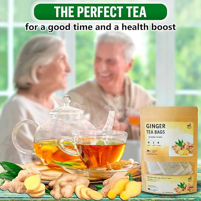 TeadreamTea Ginger Tea Bags - 50 Bleach-Free Tea Bags | Caffeine Free, Antioxidant, Calms Upset Stomach - Strengthen Immune System - Herbal Ginger Tea
