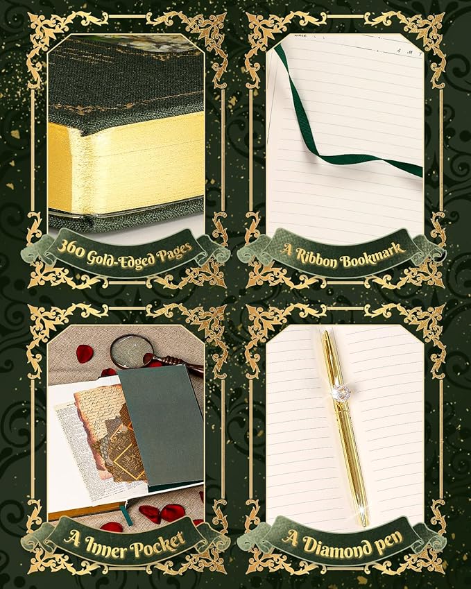Thick Journal for Women & Girls, 360 Pages A5 Writing Journaling Notebook with Paintings, Women Journal for Writing, Vintage Journal with Gift Box & Pen for Women Gift Ideas (Deep Olive Green)