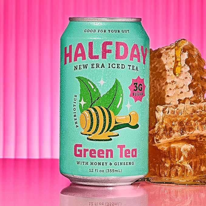 HALFDAY Prebiotic Green Tea with Honey & Ginseng, Supports Digestive & Gut Health, 6g Plant Fiber, Low Sugar, 30 Calories, Natural Caffeine, Gluten Free, 12 fl oz (12 pack) Packaging May Vary