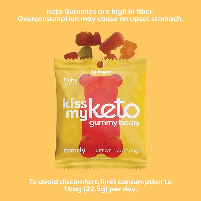 Kiss My Keto Sugar Free Gummy Bears, 12-Pack – Satisfy Cravings while Staying in Ketosis – High Fiber, 3g Net Carbs, Non-GMO, Vegan, & No Gluten – Fruity Sugar Free Gummies