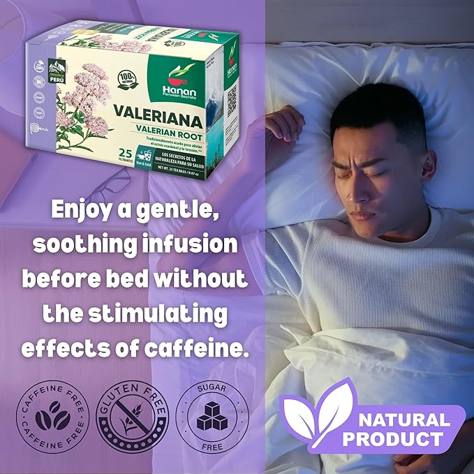 Hanan Valerian Root Tea for Bedtime 25 Bags - Te de Valeriana, Herbal Calming Night Tea - 100% Pure, Caffeine-Free, Non-GMO, Herb from Peru