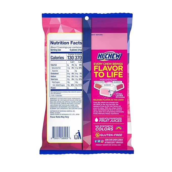 HI-CHEW Berry Mix, Pack of 6 Bags, 3.17oz each - Blackberry Cherry Raspberry, Unique Fun Soft & Chewy Halloween Candy - Immensely Juicy Fruity Candy Flavors, Individually Wrapped for Sharing