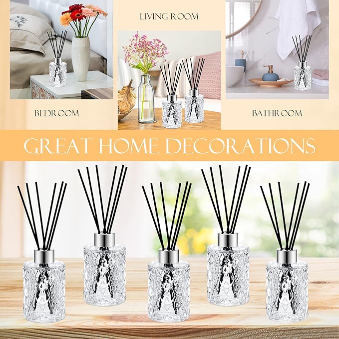 Norme 4 Set Empty Reed Diffuser Bottle Set with Stick, 150ml Refillable Patterned Glass Vase with Black Rattan Reed & Cap for DIY Essential Oil, Home Fragrance, Bulk (Silver)