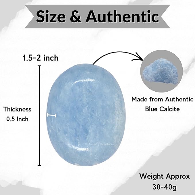 Amazing Gemstone Blue Calcite Celestite Crystals and Healing Stones - Large Palm Stone Crystals Piedra - Crystal for Good Luck, Positive Energy, Meditation - Unique Stocking Stuffers Gifts for Women