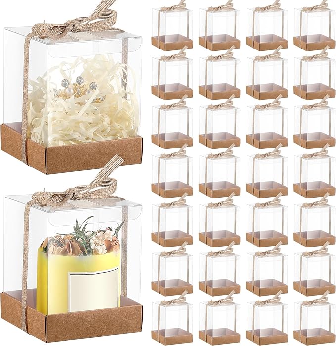 Cunno 36 Set 3.5 x 3.5 x 4.3 in Candle Package Transparent Gift Box 4-18 oz Handmade Tealight Candle Holder Bulk Paper Bottom Ribbon for Wedding Baby Shower Party Mug Cake Wine Glasses(Kraft Color)