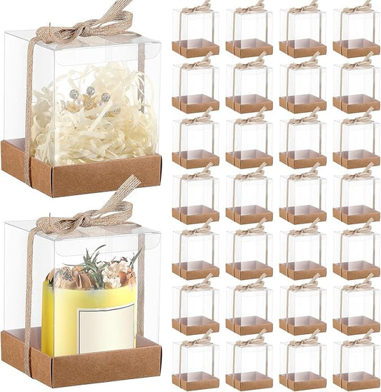 Cunno 36 Set 3.5 x 3.5 x 4.3 in Candle Package Transparent Gift Box 4-18 oz Handmade Tealight Candle Holder Bulk Paper Bottom Ribbon for Wedding Baby Shower Party Mug Cake Wine Glasses(Kraft Color)