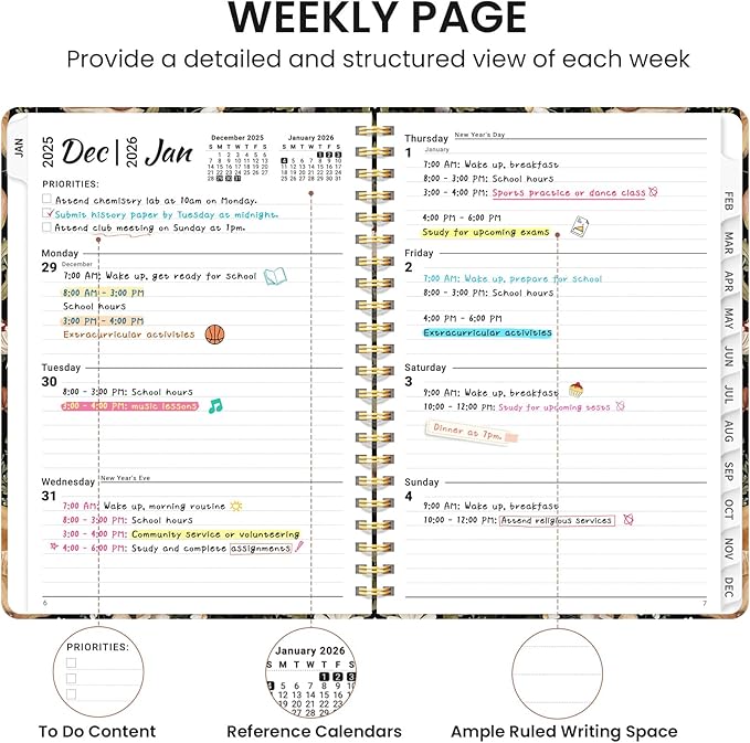 2026 Planner, Monthly and Weekly Calendar Planner for Women, January 2026 - December 2026, Hardcover Pretty 2026 Agenda Planner Book with Tabs, Spiral Bound, Perfect for School Office Home Supplies, 6.3" x 8.5" - Mushroom