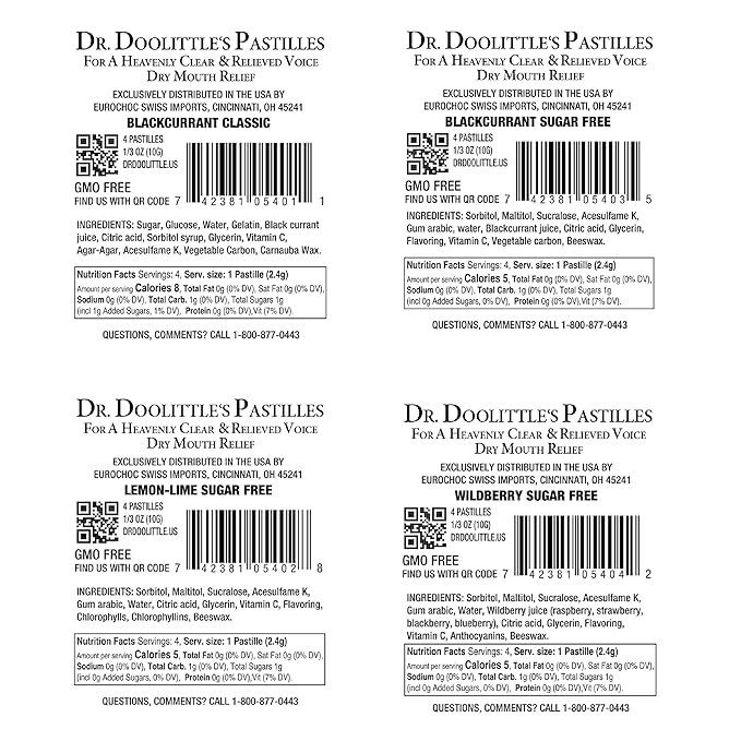 Dr. Doolittle’s Soft Fruit Pastilles Sugar Free and Classic Variety Pack for Voice and Throat, Travel Size Bag, approximately 4 Count Package, 20 Pack