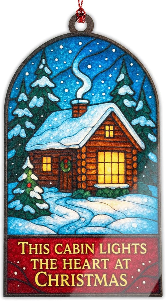 Christmas Cabin Ornament – Rustic Winter Lodge | Holiday Home Décor – Cozy Cabin Gift – Snowy Woodland Scene Card – Christmas Tree Decoration – Suncatcher Effect Window – Car Hanging