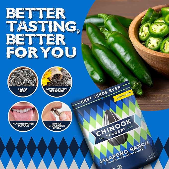 Chinook Seedery Roasted Sunflower Seeds - Jumbo Seeds Keto Snacks - Best For Snack Packs - Gluten Free, Non GMO Snack Food Gifts - 4 Ounce (Pack of 3) - Jalapeno Ranch Flavor Pack