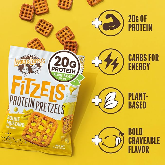 Lenny & Larry's Boujie Mustard FITZELS- Savory Pretzel Snacks Incredibly Tasty, High Protein, Salty, Vegan, 20 g's of Plant Based Protein 8 (eight) Bags, 3 oz Each