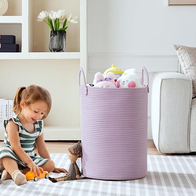 62L Large Purple Hamper Laundry Basket for Nursery Kids Tall Lavender Blanket Basket for Girls Cotton Rope Lilac Clothes Hamper in Bedroom