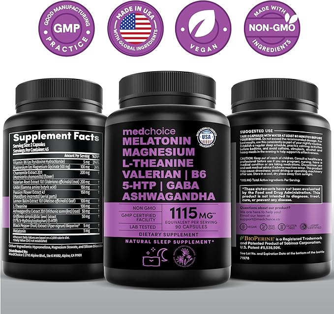 12-in-1 Melatonin Sleep Capsules - Natural Sleep Aids for Adults with Melatonin 5mg and Magnesium Glycinate 500mg, Sleep Aid with Ashwagandha, L Theanine, Valerian Root, GABA, 5-HTP (90ct, Pack of 1)