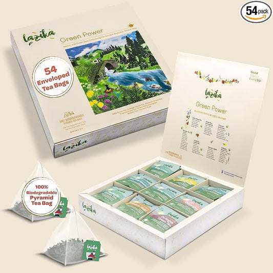 Lazika Green Tea Variety Pack with Lovely Presentation Box, 54 Counts, Green Tea Assortment Gift Set, Premium Collection with Pyramid Infuser Bag, Early Harvest, Handcrafted