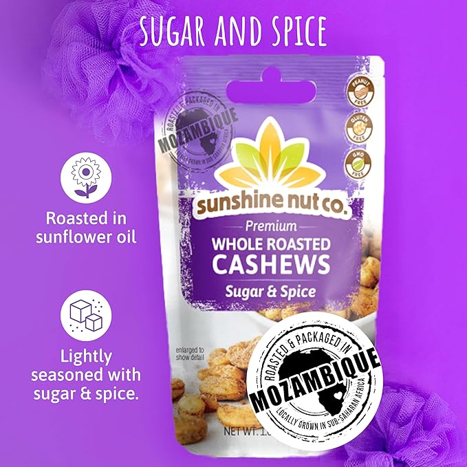 Sunshine Nut Company Whole Roasted Lightly Salted Cashews, Sugar and Spice Flavor, 12-Pack, 1.05 oz. Each, Gluten Free, Peanut Free and Vegan Individual Snack Packs for Kids and Adults, GMO Free