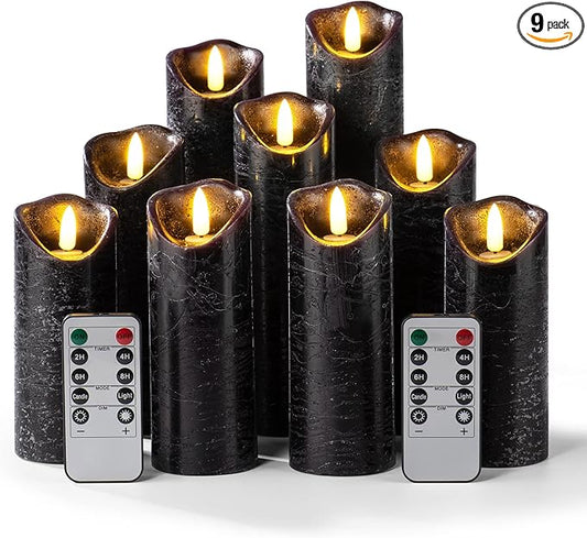 Hausware Set of 9 Flameless Candles Battery Operated LED Real Wax Flickering Electric Candles with Remote Control Timer for Wedding Birthday Halloween Christmas Decorations (Black Color)