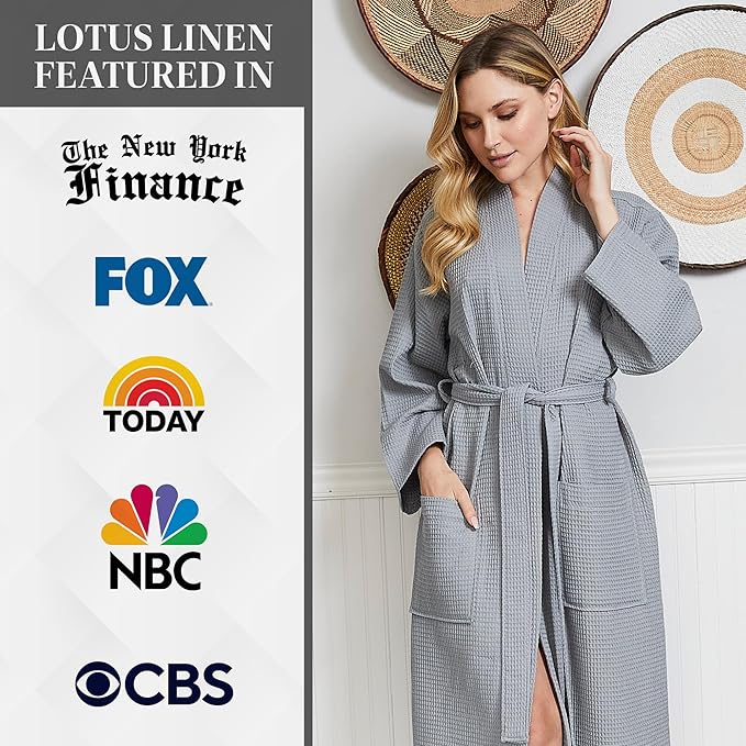 Lotus Linen Waffle Robes for Women - Lightweight Cotton Kimono Bathrobe - Long Soft Spa Bath Robe