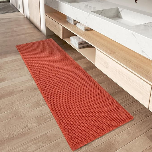 AMOAMI Upgraded Waffle Runner Rug Super Absorbent Non Slip Bath Mats for Bathroom Machine Washable Bathroom Runner Rug with Tassels, Ideal for Hallway Bedroom Laundry Room, 17" x 60", Orange