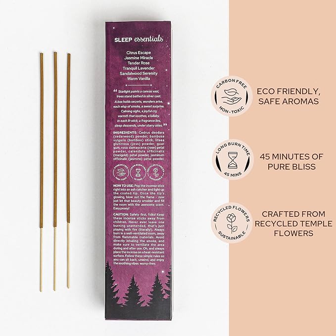 Carnatia Sleep Essentials Incense Sticks – Set of 6 Relaxing Scents for Deep Sleep, Stress Relief & Calm | Natural, Slow-Burning Aromatherapy for Restful Nights, Better Sleep & Evening Rituals!