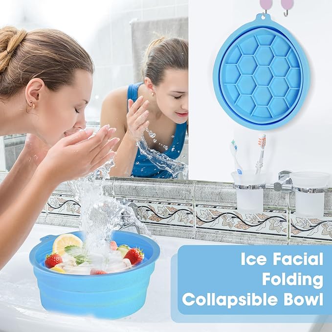 Face Bowl for Ice Silicone Facial Bowls with Built - in Tray Foldable Washbasin for Face Tub Plunge & Cold Plunge Quick Skin Cooling in Ice Baths -Bath Spa Tool for Home Camping Travel & Blue