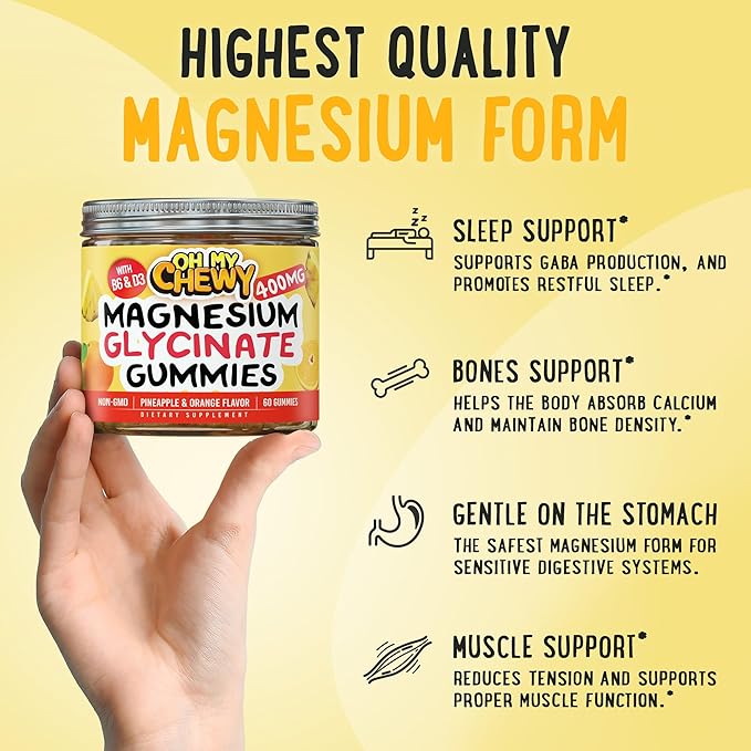 Center-Filled Magnesium Glycinate Gummies 400MG - High Absorption for Kids, Teens & Adults - Supplement for Sleep, Calm & Muscle Relaxation with B6 & D3 - Gluten Free & Vegan Friendly - 60 Count