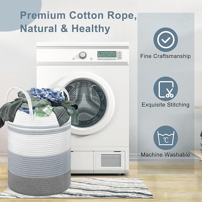 2 Pack Large Tall Rope Laundry Baskets, Cotton Laundry Hamper, Dirty Clothes Hampers Woven Basket, Blanket Basket Storage for Living Room, Dirty Clothes Baskets for Bedroom, Baby Room, 58L&28L Grey