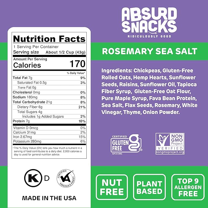Absurd Snacks Chickpea & Granola Crunch Mix, Rosemary Sea Salt, Nut-Free, Gluten-Free, Plant-Based, Good Source of Protein & Fiber, Top-9 Allergen Free Snack Mix - 8-Pack (1.5 ounce, 8 servings)
