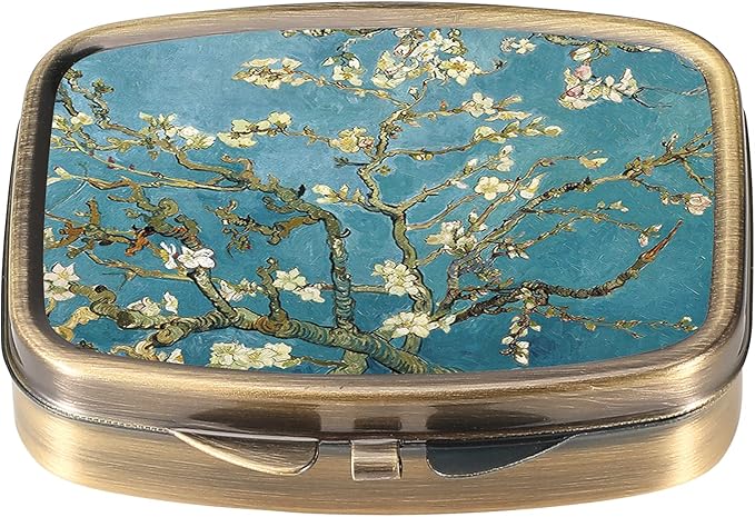 Dynippy Pill Case Pill Box with Mirror Retro Pocket 2 Compartment Medicine Case Vitamin Pill Organizer for Pocket Purse and Travel (A-Plum Blossom)