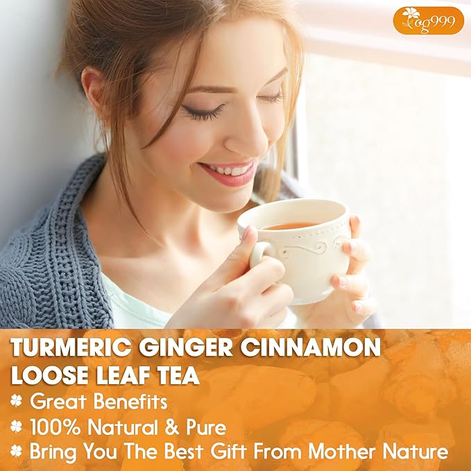 TOG999, Premium 15oz Ginger Turmeric Cinnamon Loose Leaf Herbal Tea - Premium Quality Spiced Herbal Blend – Caffeine-Free, Non-GMO, Natural Dried Roots and Bark. Vegan-Friendly.