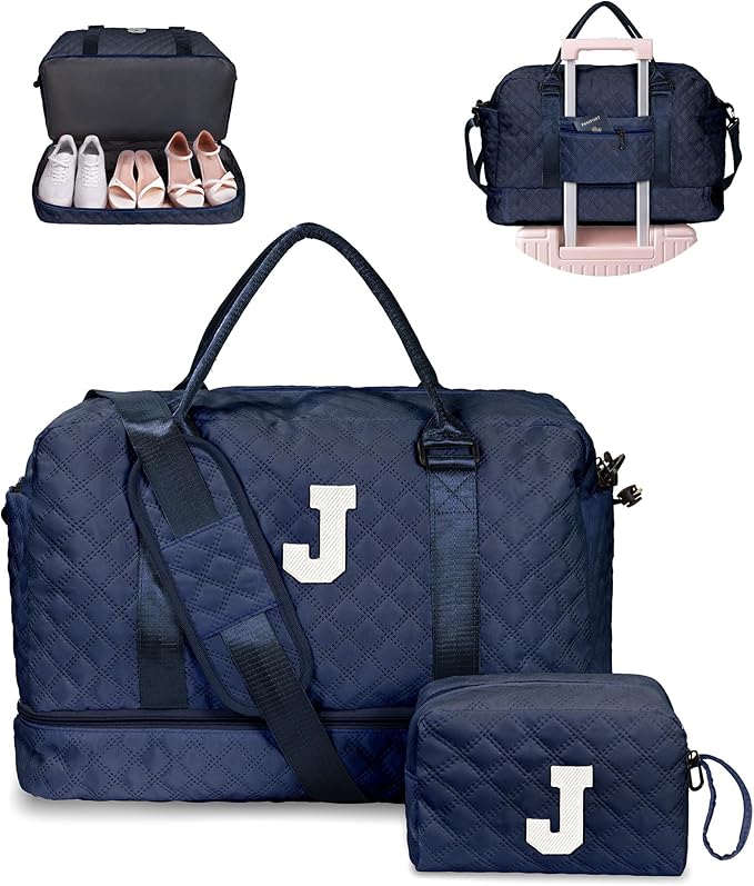 Gifts for 7 8 9 10 11 12 13 14 15 16 Year Old Girls-Initial Duffle Bag with Shoe Compartment, Personalized Weekender Bag, Overnight Bags for Women, Travel Bag with Makeup Bag (Letter J)