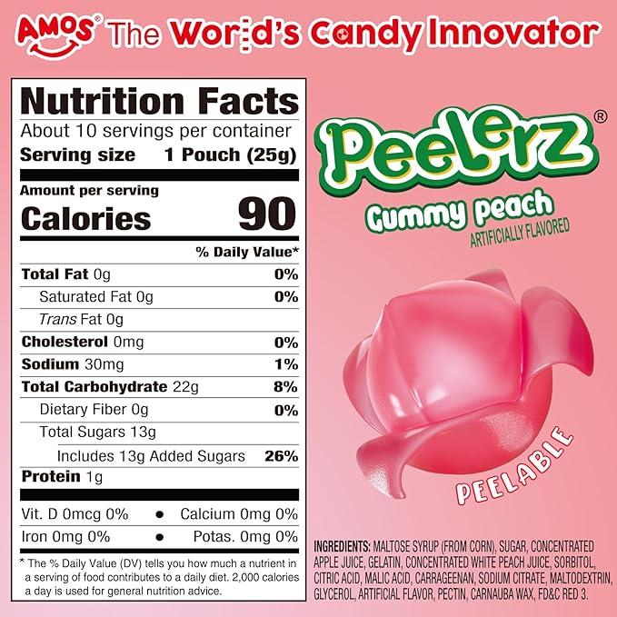 AMOS Peelerz Peach Gummy Candy, Peelable Fruit-Shaped Candy, 10 Snack Packs in Box, Chewy Peach Flavor Treat for Kids and Adults, 240g Box (8.47oz)