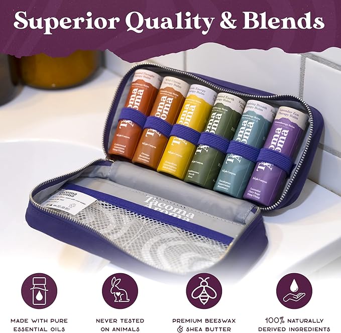 Aromatherapy 6 Pack of Essential Oils Balm Sticks In Travel Case | Aromatherapy Balms Gift Set of Pure Essential Oil Blends | Perfect Mindfulness Gift and Stress Relief Gifts for Women and Men