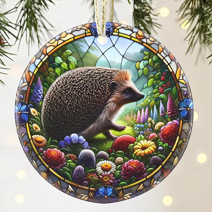 Hedgehog Christmas Ornament - 3.5 Inch Ceramic Hanging Decor for Christmas Tree, Gifts & Holiday Presents