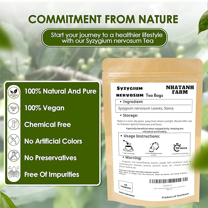 NHAT ANH FARM - Premium Syzygium Nervosum Tea Bags, 40 Syzygium Nervosum Tea Bags, 100% Natural Dried Syzygium Nervosum Leaves, Naturally Sweet Herbal Tea, Sugar-Free, Caffeine-Free, No Additives.