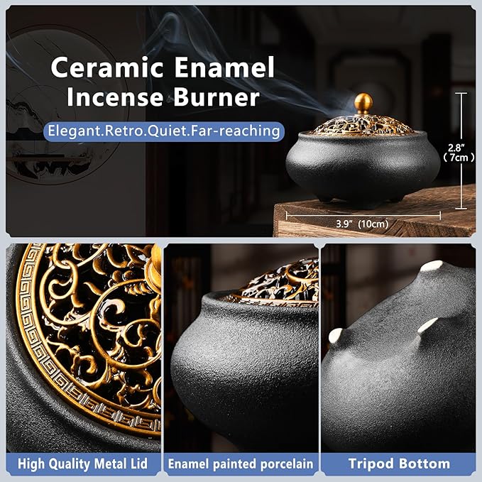 Ceramic Incense Burner with Incense Stick Holder,Use for Stick/Coil Incense,Sage, Mosquito Incense and Charcoal,Handmade for Cleansing House Negative Energy & Other Smudging Rituals (Black)