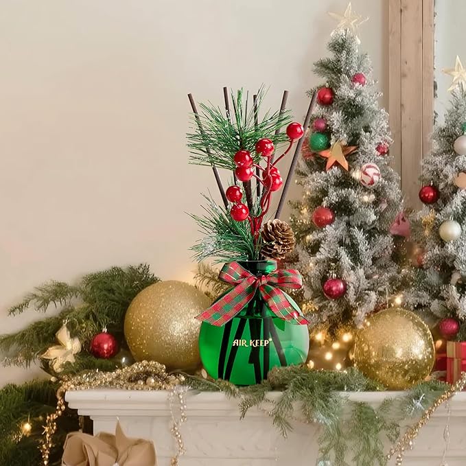 Airkeep Flower Reed Diffusers Set, 5.07 oz Christmas Balsam & Cedar Scented Diffuser with 8 Sticks, Long Lasting Home Fragrance for Long Days, Perfect for Bathroom, Shelf Decor, Air Fresheners