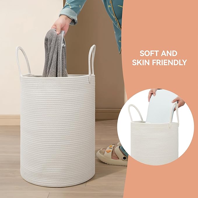 58L Cotton Rope Laundry Basket (20"x15"),Woven Basket for Storage Dirty Clothes Basket for Laundry, Living Room, Nursery, Bedroom Rope Storage Basket for Blankets（White）