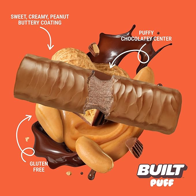 BUILT Bar, Puff Protein Snack Bars, Peanut Butter Cup, On-The-Go Bars, 17g Protein, Only 150 Calories, 6g Sugar, Plus Collagen, Gluten Free, 12 Count