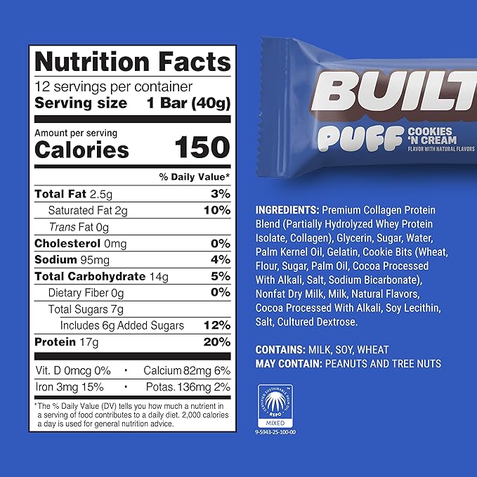 Built Bar, Puff Protein Bars, Cookies 'N Cream Puff, 17g Protein Snacks, On-The-Go Bars, Only 140 Calories, 7g Sugar, Collagen, Not Gluten Free, 12 Count